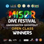 colorful poster for the misor dive festival underwater shootout open winners, with a coral reef background.