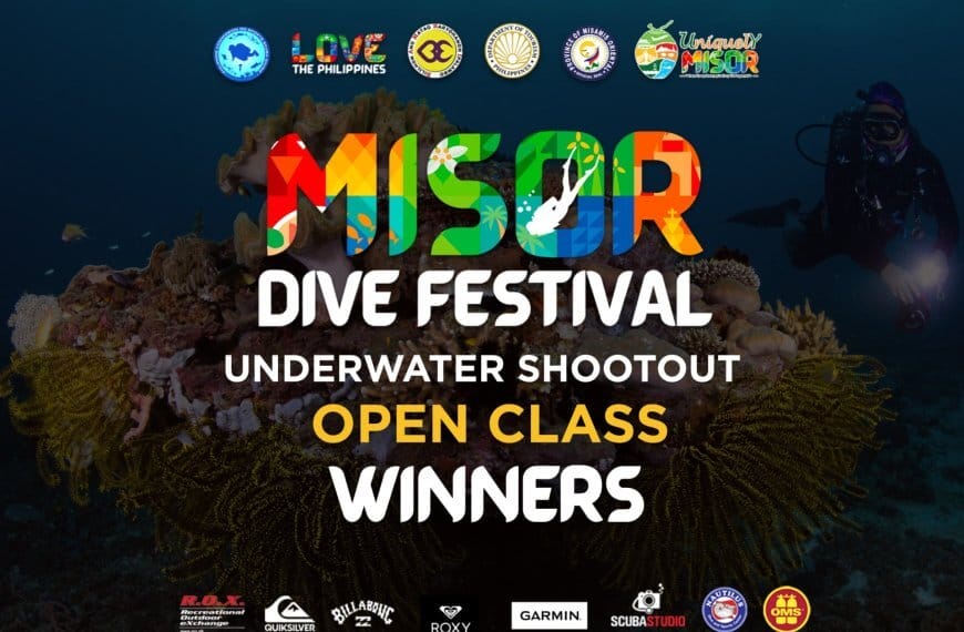 colorful poster for the misor dive festival underwater shootout open winners, with a coral reef background.