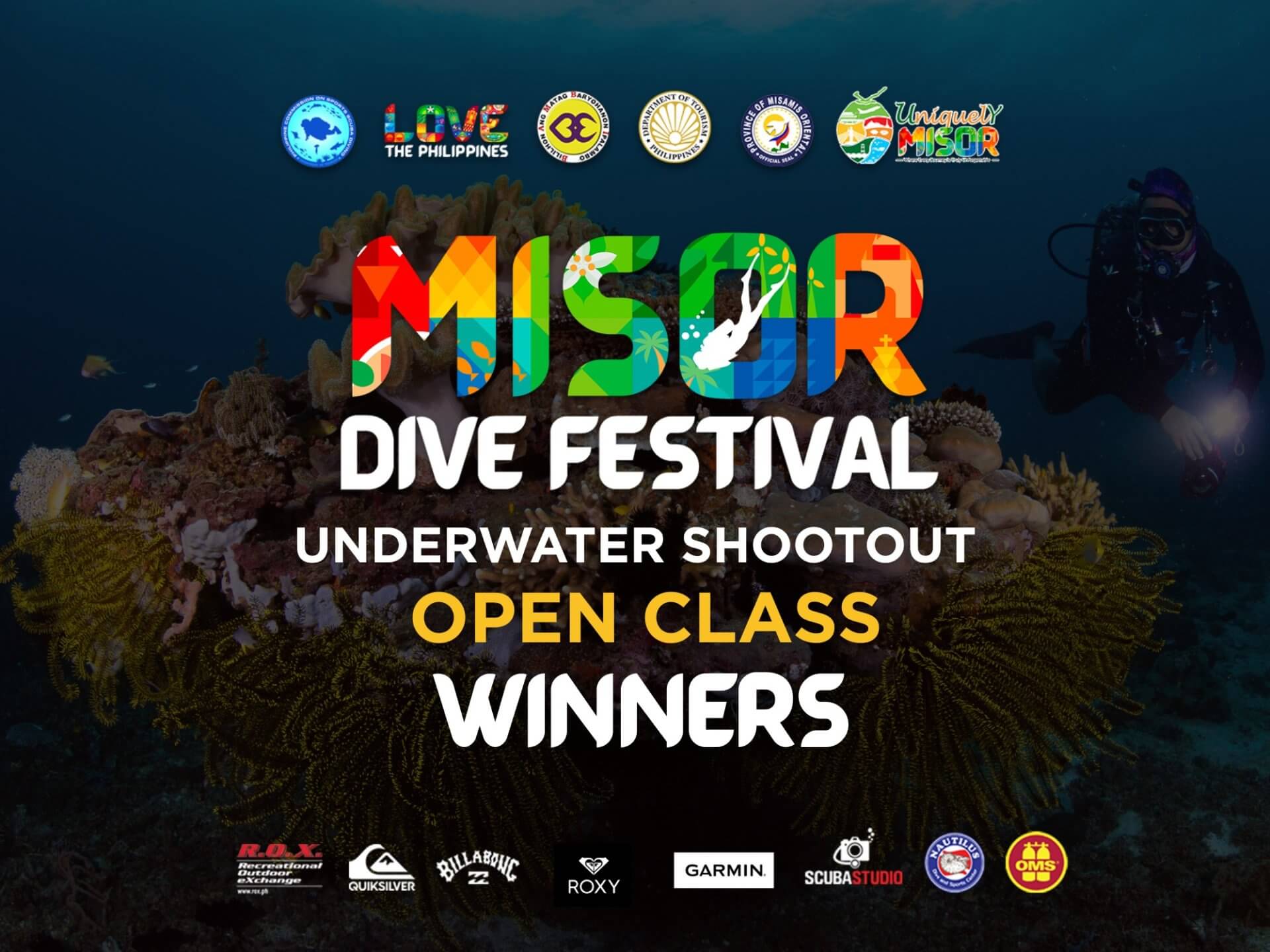 colorful poster for the misor dive festival underwater shootout open winners, with a coral reef background.