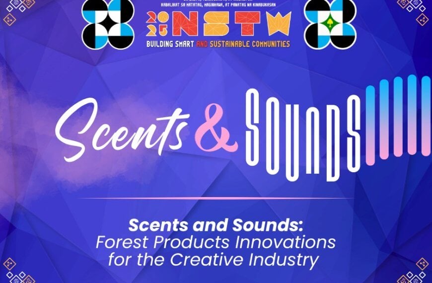 nstw event poster with geometric logos, and scents and sounds text on a blue patterned background.