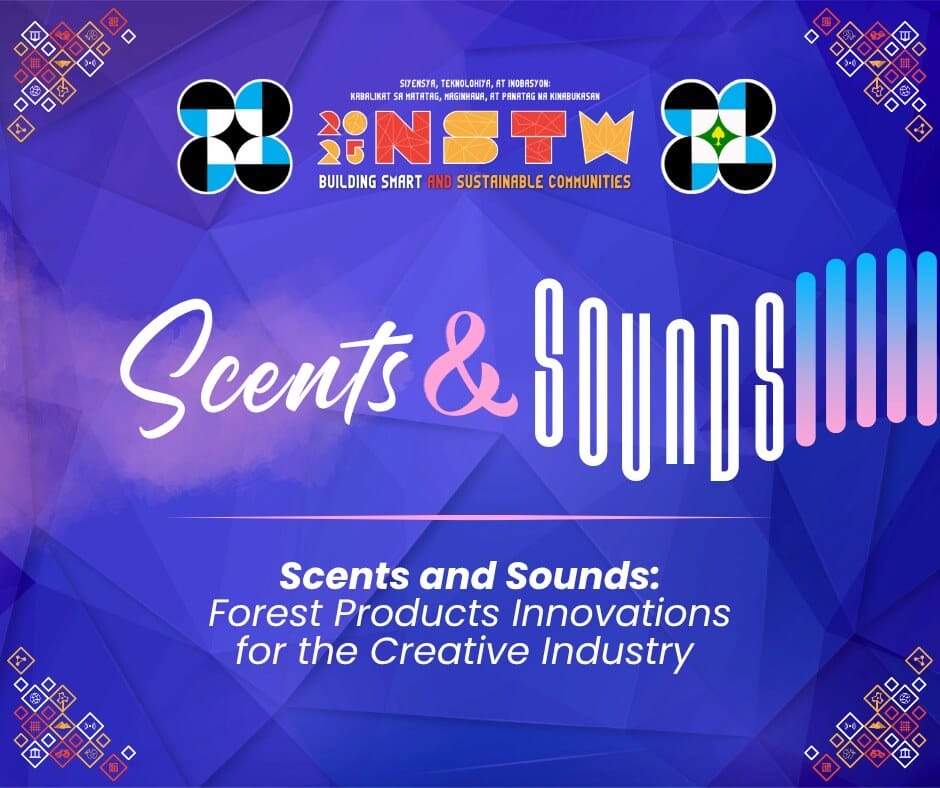 nstw event poster with geometric logos, and scents and sounds text on a blue patterned background.