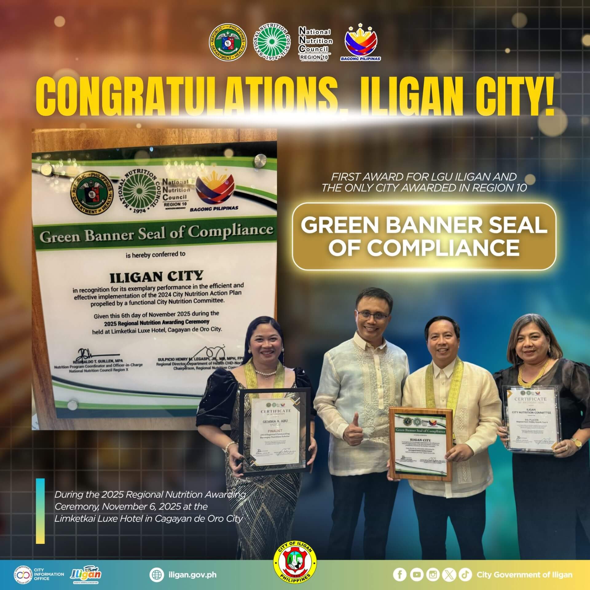 four people pose with a framed nutrition excellence award; banner congratulates iligan for green banner seal of compliance.
