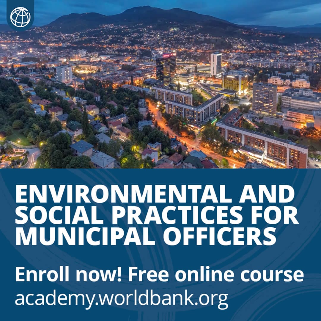 a cityscape at dusk with course details for municipal officers on environmental and social practices.
