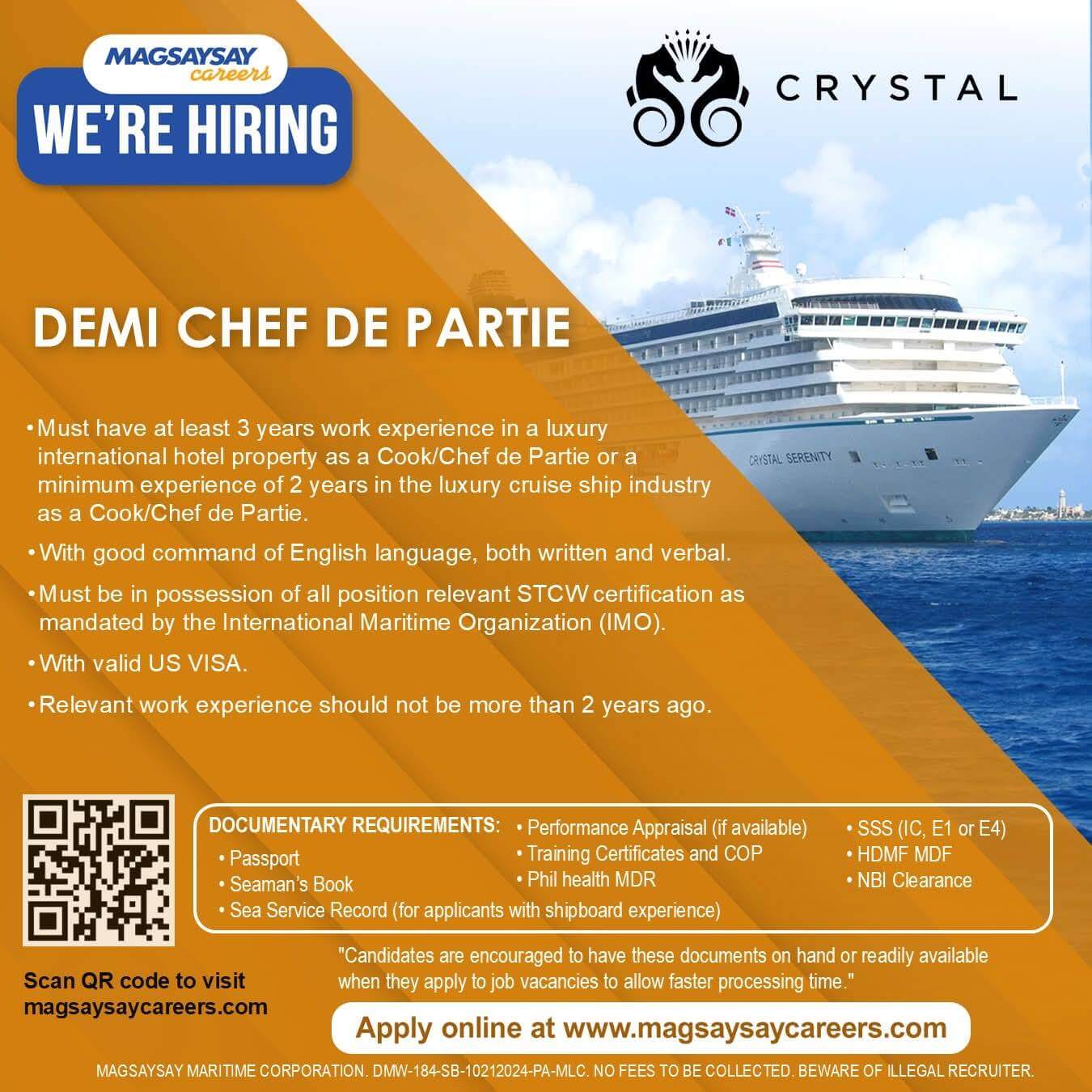 blue and orange job ad for demi chef de partie on a cruise ship, listing requirements and application details.