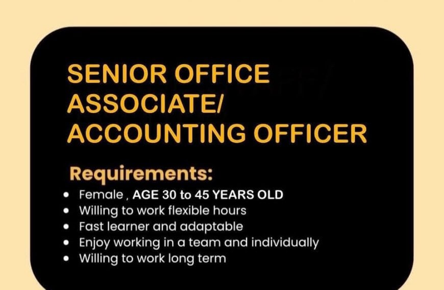 job hiring ad for a senior office associate/accounting officer at royal garden hotel, with contact email listed.