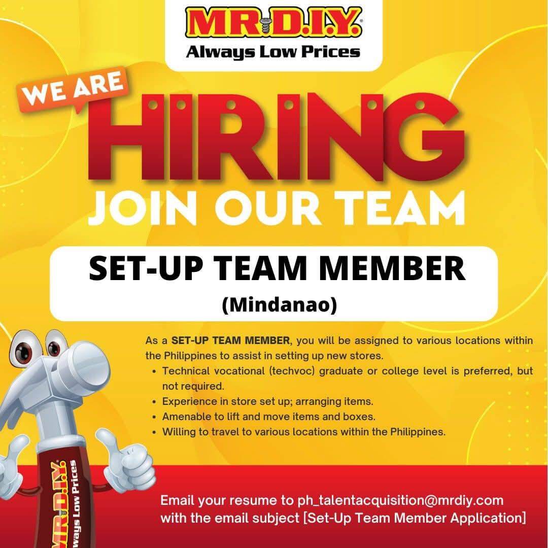 mr. d.i.y. hiring ad for set up team member in mindanao, with job details and application email address.
