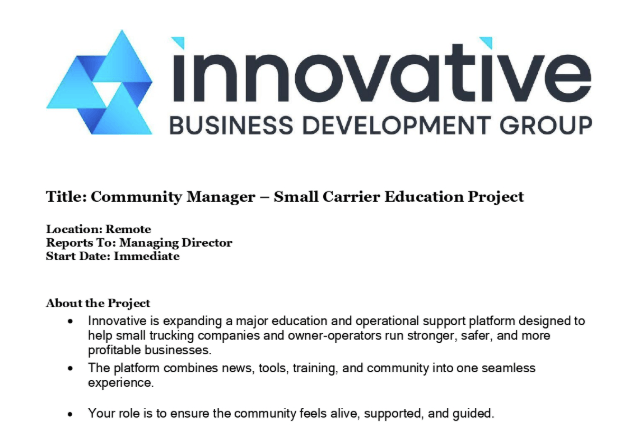 innovative’s team business development logo with a job ad for community manager, plus remote career opportunities.