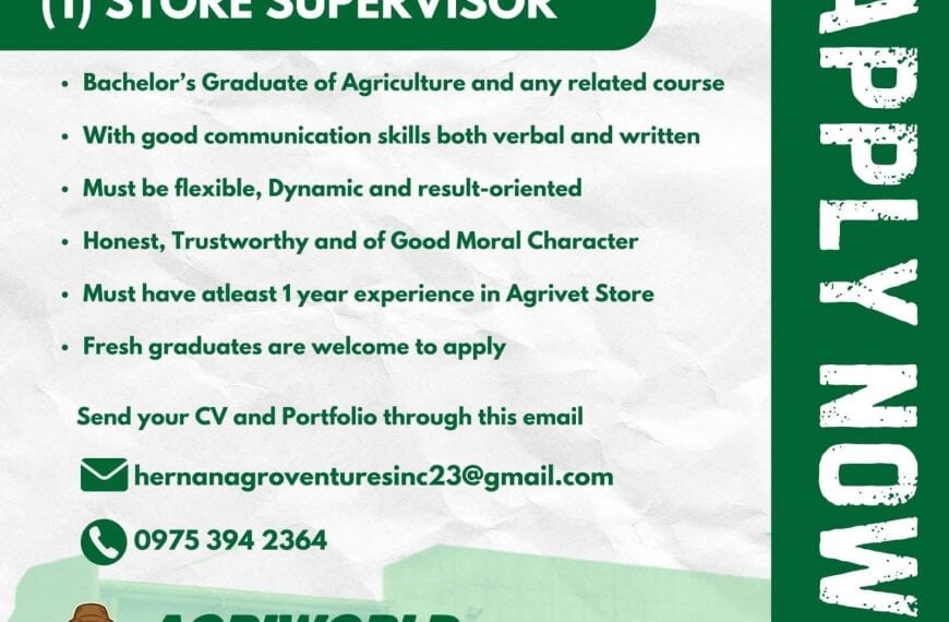 job ad for store supervisor at agriworld listing qualifications and contact details on a green and white background.
