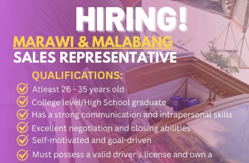 a job hiring poster for sales reps in marawi & malabang, listing qualifications with a contact email and phone.