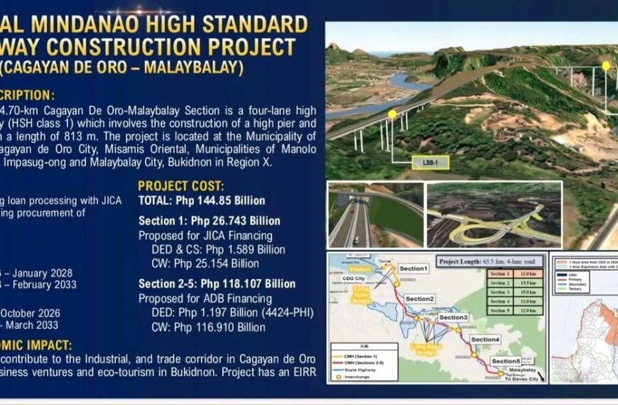 infographic for central mindanao highway project showing maps, timelines, costs, and faster travel details.