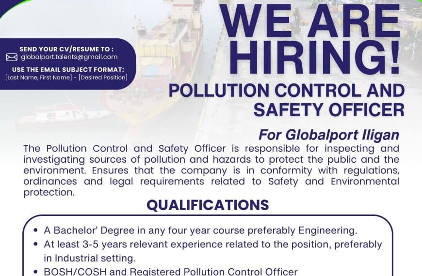 job hiring poster for pollution control and safety officer at globalport iligan, with qualifications listed.