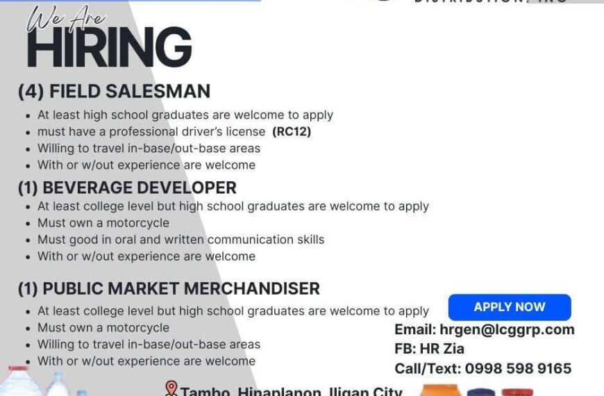 job hiring poster listing roles for field salesman, beverage developer, merchandiser, with contact info and location.