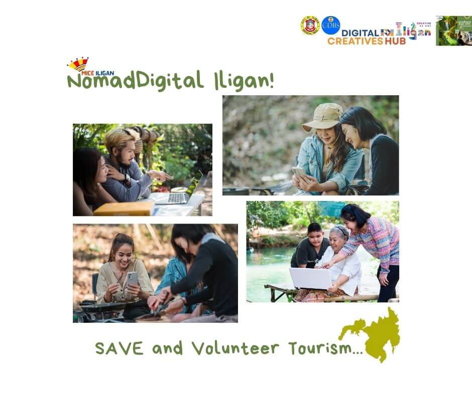 a collage of people outdoors using laptops and notebooks, promoting iligan city with nomaddigital iligan 2026.
