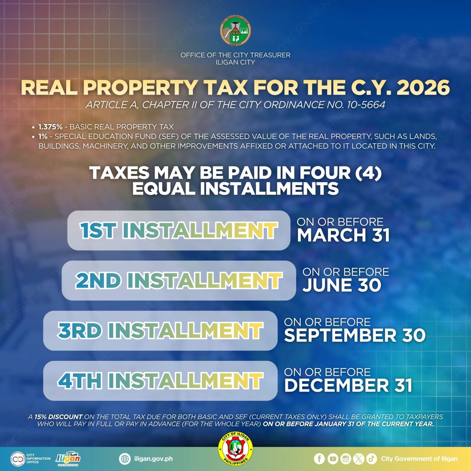 infographic detailing iligan city 2026 property tax installments, due dates, and payment information.