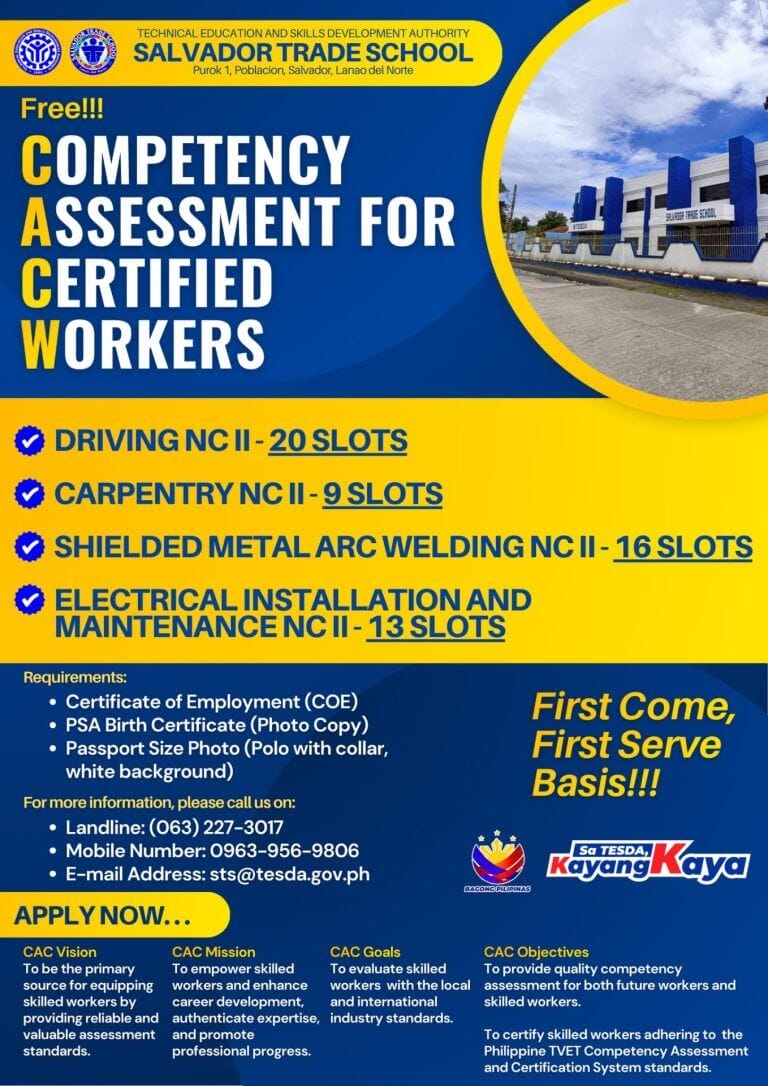 tesda salvador trade school cawc poster with course slots, requirements, and contact details on a blue background.