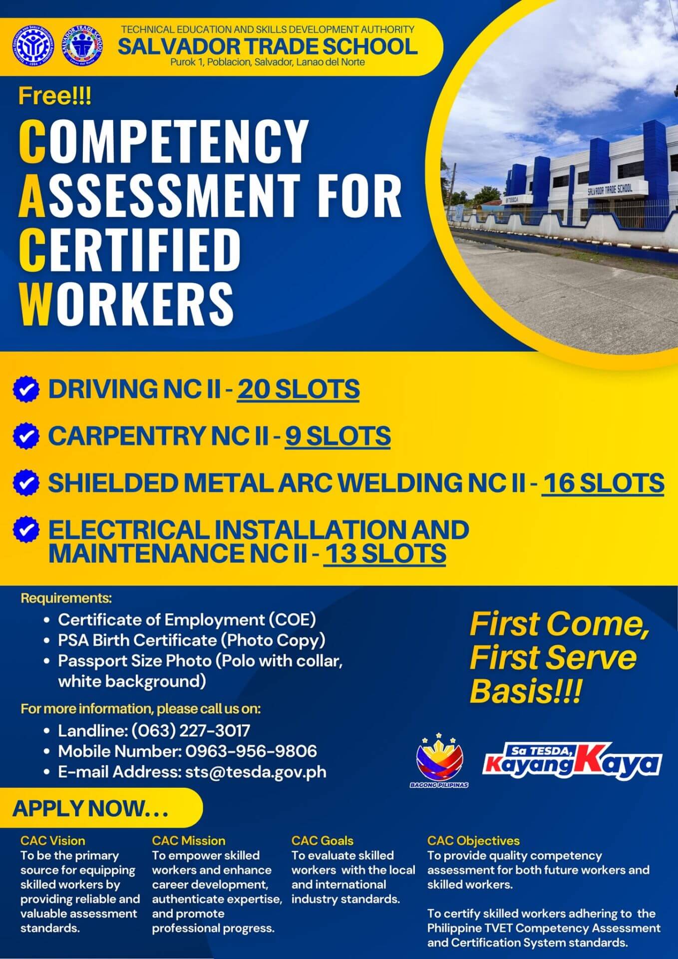 tesda salvador trade school cawc poster with course slots, requirements, and contact details on a blue background.