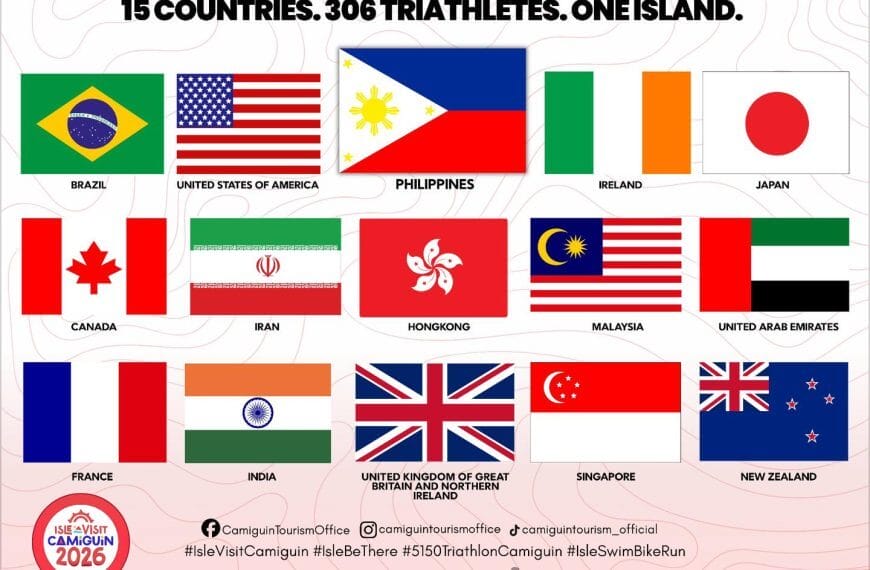 a graphic showing flags of 15 countries joining the ironman 5150 camiguin global triathlon event in 2026.