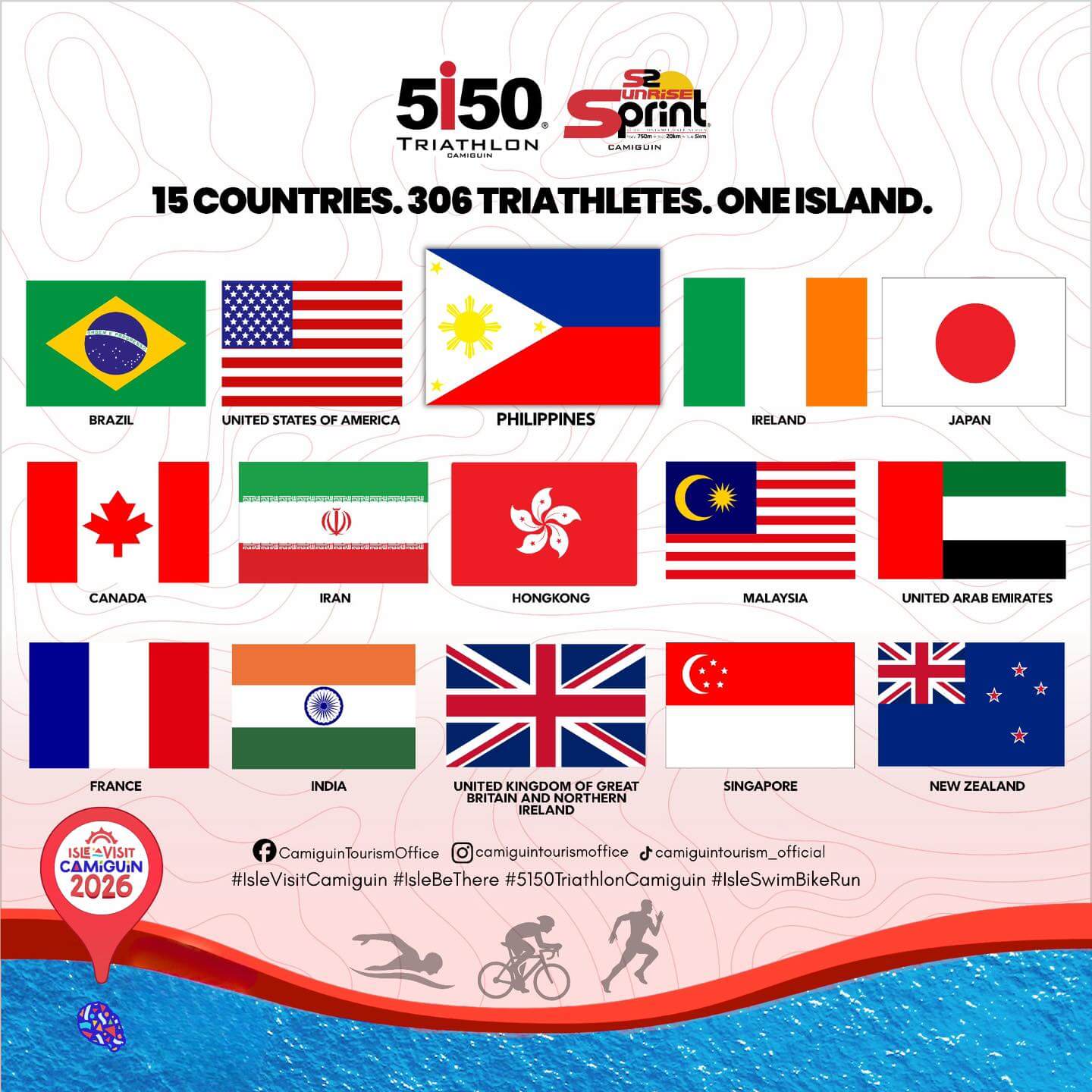 a graphic showing flags of 15 countries joining the ironman 5150 camiguin global triathlon event in 2026.