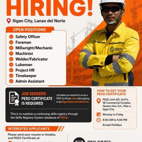 poster features a skilled worker in safety gear, highlighting aboitiz construction jobs in iligan city.