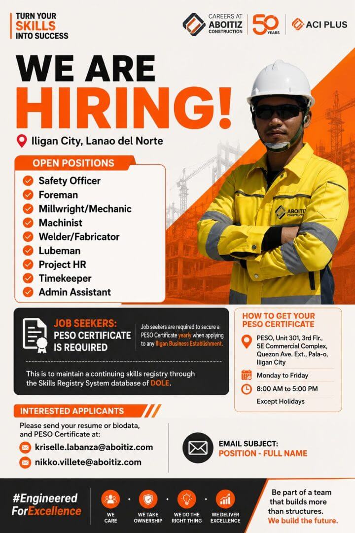 poster features a skilled worker in safety gear, highlighting aboitiz construction jobs in iligan city.