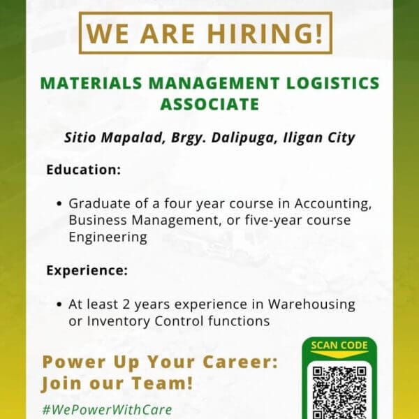 job hiring poster for a materials management logistics associate at alsons power group in iligan city, details listed.