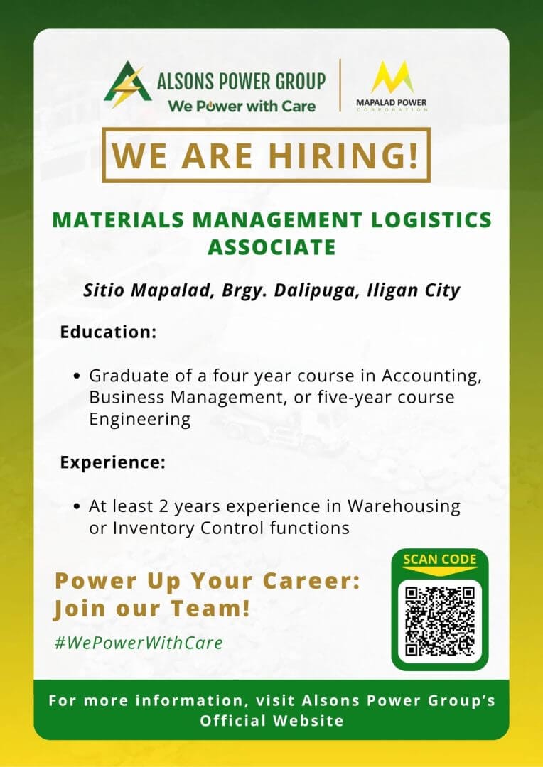 job hiring poster for a materials management logistics associate at alsons power group in iligan city, details listed.