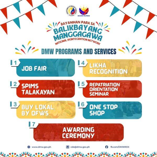 colorful poster lists 7 dmv programs for ofws in cagayan de oro, with festive banners and bold program names.