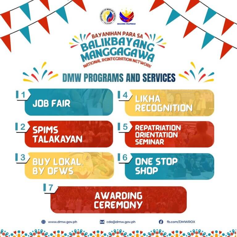colorful poster lists 7 dmv programs for ofws in cagayan de oro, with festive banners and bold program names.