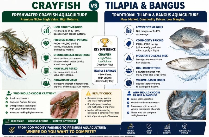 comparison chart of crayfish vs. tilapia & bangus aquaculture in the philippines’ profitable agribusiness sector.