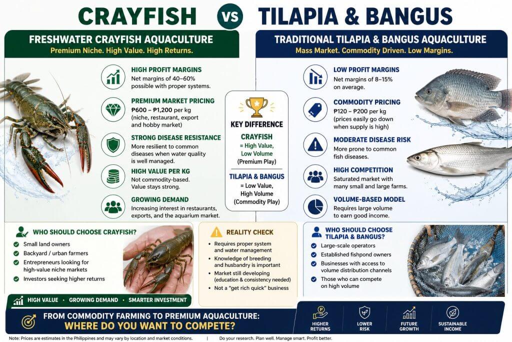 infographic compares crayfish farming vs tilapia &amp; bangus aquaculture—profitable agribusiness in the philippines.