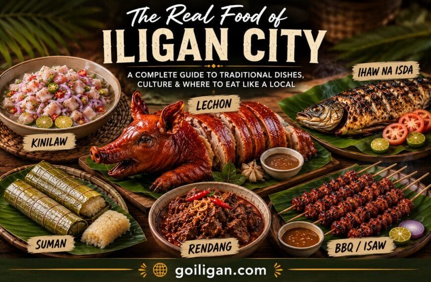 a table with traditional dishes—lechon, kinilaw, suman, and more—showcasing iligan city's local food.