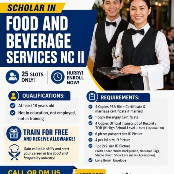 two smiling students hold food trays; text promotes icti polytechnic college's tesda food and beverage services scholarship.