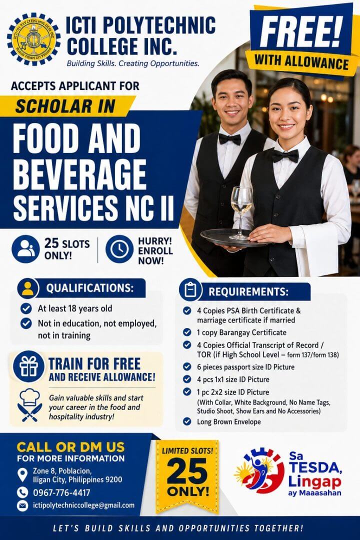 two smiling students hold food trays; text promotes icti polytechnic college's tesda food and beverage services scholarship.