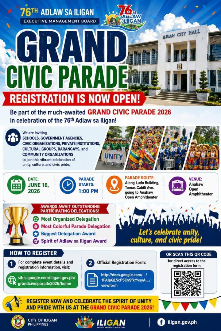 colorful poster for adlaw sa iligan’s 76th grand civic parade; includes 2026 registration and event details.