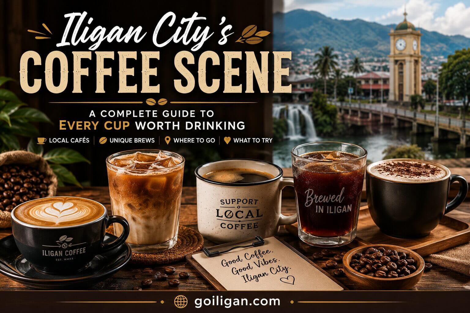 four coffee drinks on a table with beans and mugs, set against iligan city's clock tower and mountain view. coffee guide.
