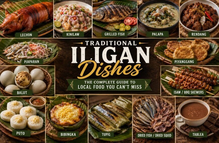 a collage of traditional iligan dishes, each labeled, surrounds a central title “traditional iligan dishes.”.
