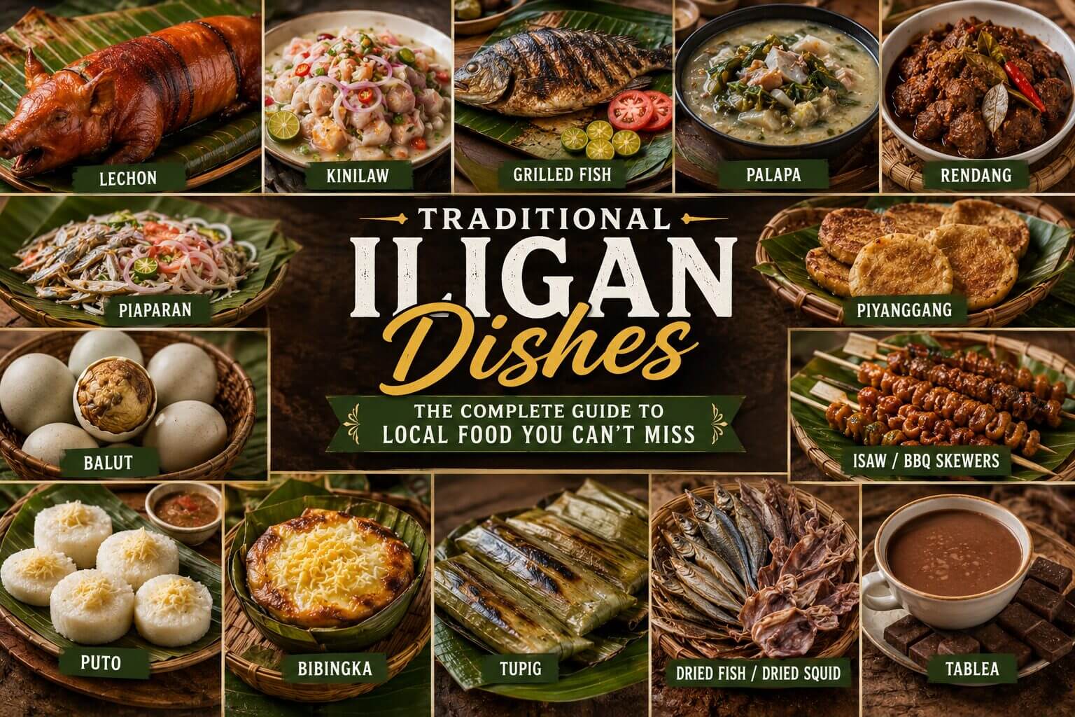 a collage of traditional iligan dishes, each labeled, surrounds a central title “traditional iligan dishes.”.