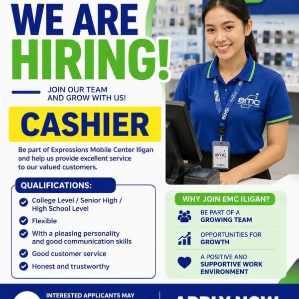 smiling woman in emc uniform stands at counter; expressions mobile center is hiring cashiers for iligan jobs.