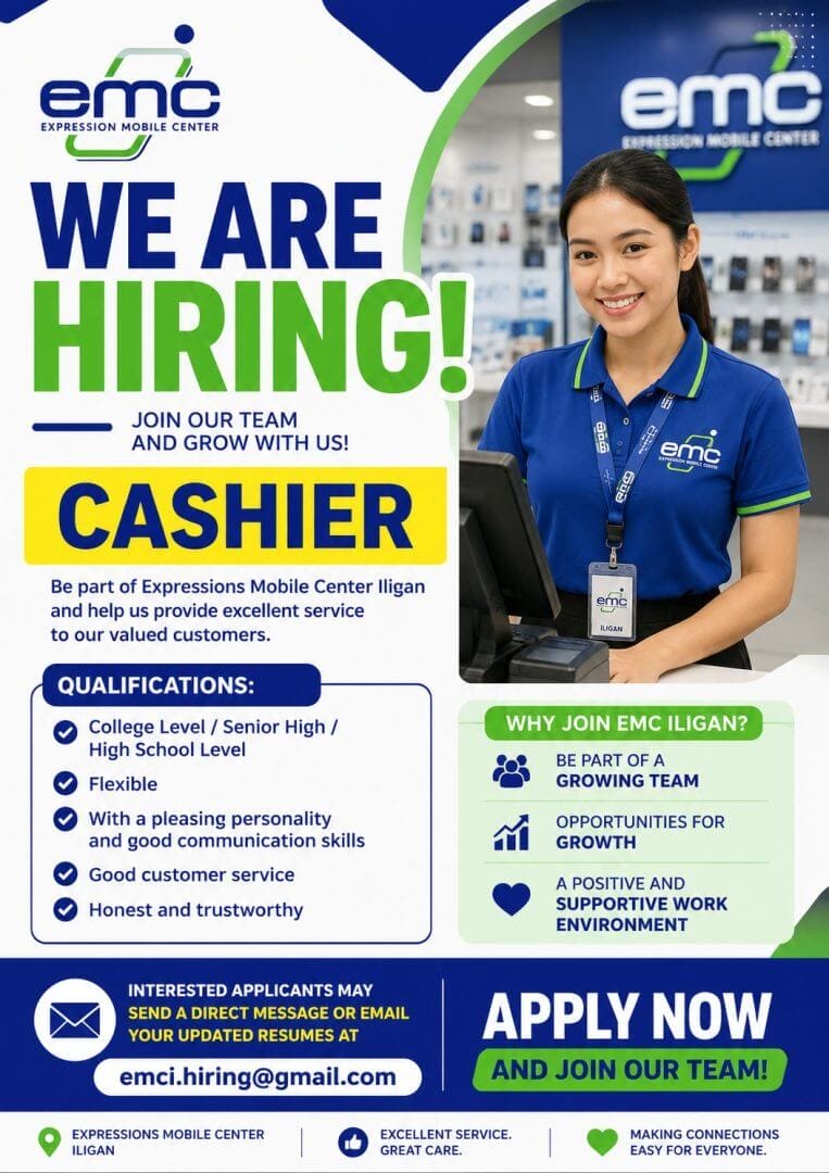 smiling woman in emc uniform stands at counter; expressions mobile center is hiring cashiers for iligan jobs.