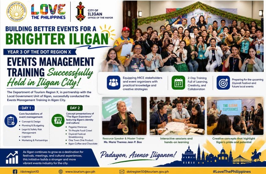 colorful event poster shows group photo, diyandi festival highlights, icons, and dot region x logos for iligan training.