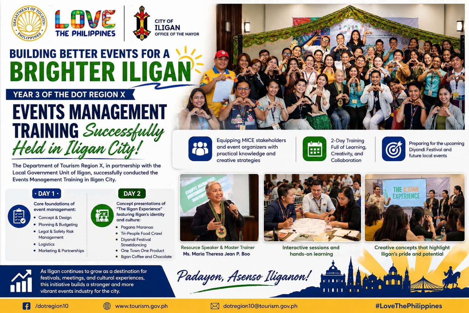 colorful event poster shows group photo, diyandi festival highlights, icons, and dot region x logos for iligan training.