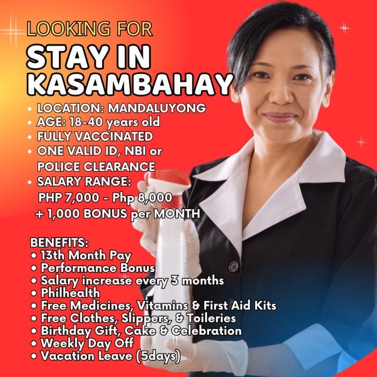smiling woman in maid uniform, job ad for bisaya speaking kasambahay in metro manila with salary & benefits.