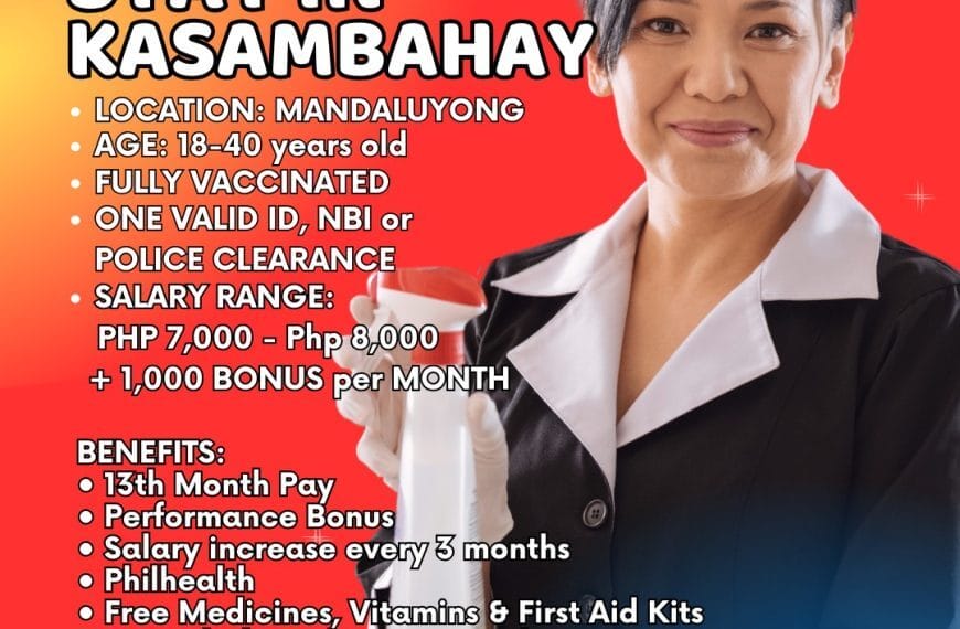 smiling woman in maid uniform, job ad for bisaya speaking kasambahay in metro manila with salary & benefits.
