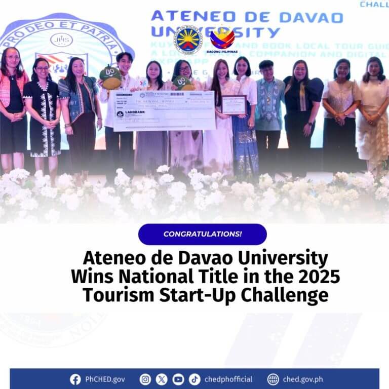 a group on stage with a trophy and large check, celebrating the 2025 tourism start up challenge at ateneo de davao university.