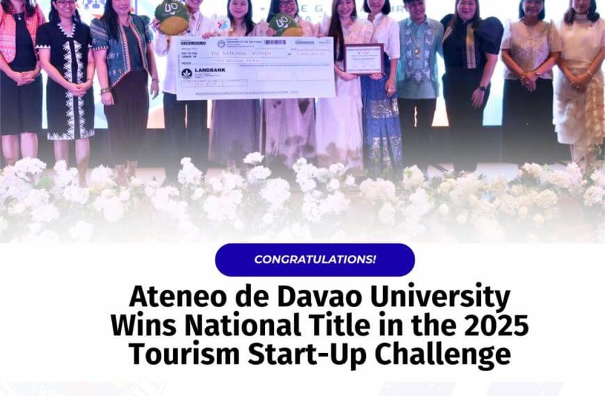 a group on stage with a trophy and large check, celebrating the 2025 tourism start up challenge at ateneo de davao university.