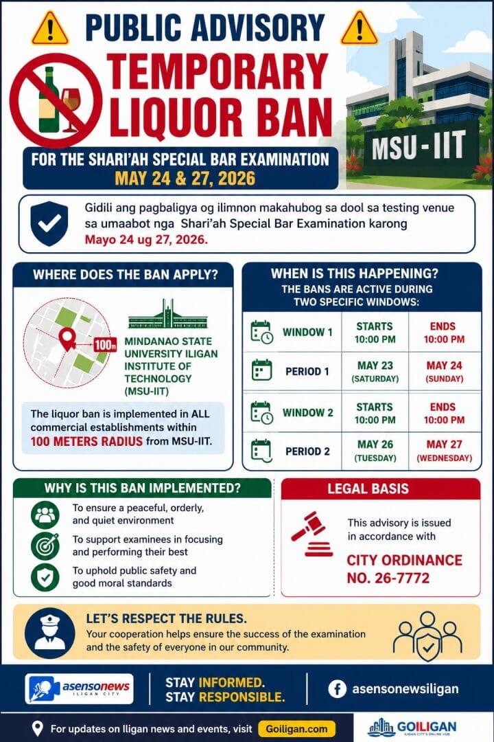 infographic on the temporary liquor ban at msu iit for the shari'ah special bar exams, with details and a map.