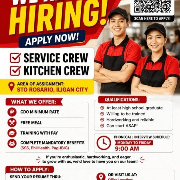 flyer for wizard manpower hiring service crew and kitchen crew in iligan; includes qualifications, benefits, and contact.