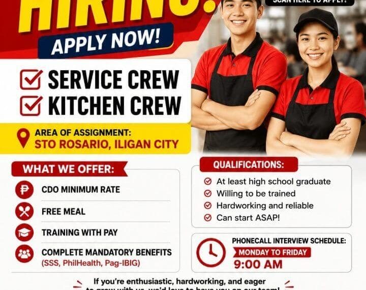 flyer for wizard manpower hiring service crew and kitchen crew in iligan; includes qualifications, benefits, and contact.