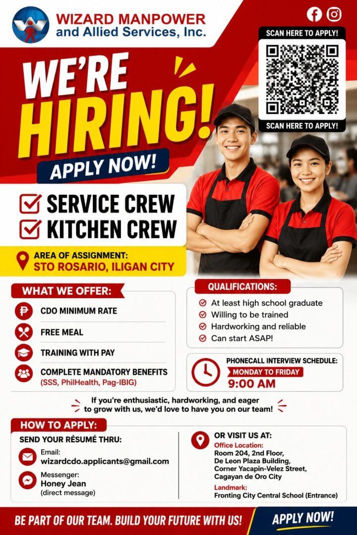 flyer for wizard manpower hiring service crew and kitchen crew in iligan; includes qualifications, benefits, and contact.