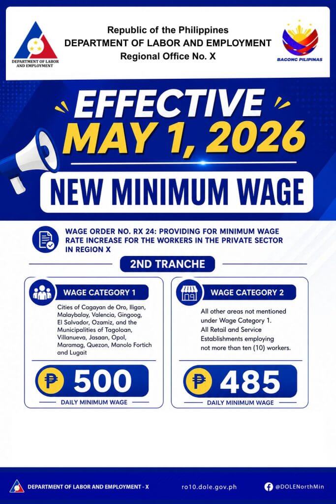 poster announcing new minimum pay rates and wage hike for iligan workers in the philippines, effective may 1, 2026.